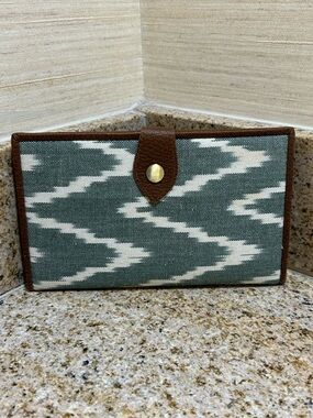 Sora Nomad Green Ikat Canvas Wallet with Brown Leather Trim
